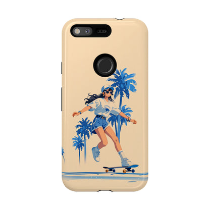 Beach-themed tough phone case with skateboard illustration - Shock-absorbing protection for all phone models
