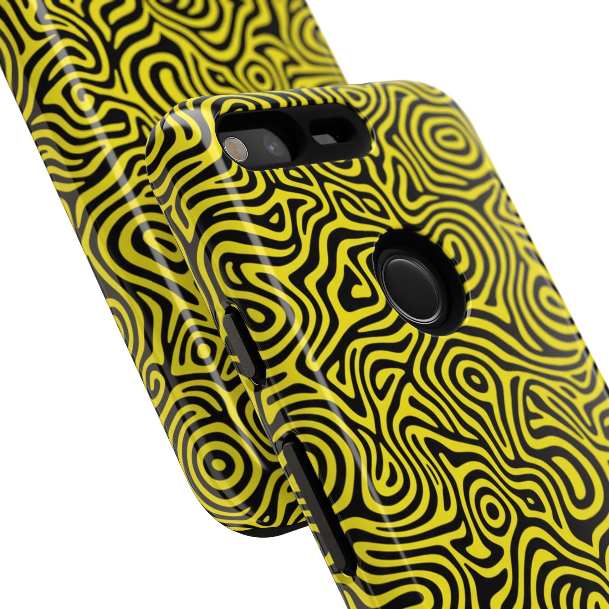 Psychedelic swirl pattern tough phone case with dual-layer protection and wireless charging compatibility
