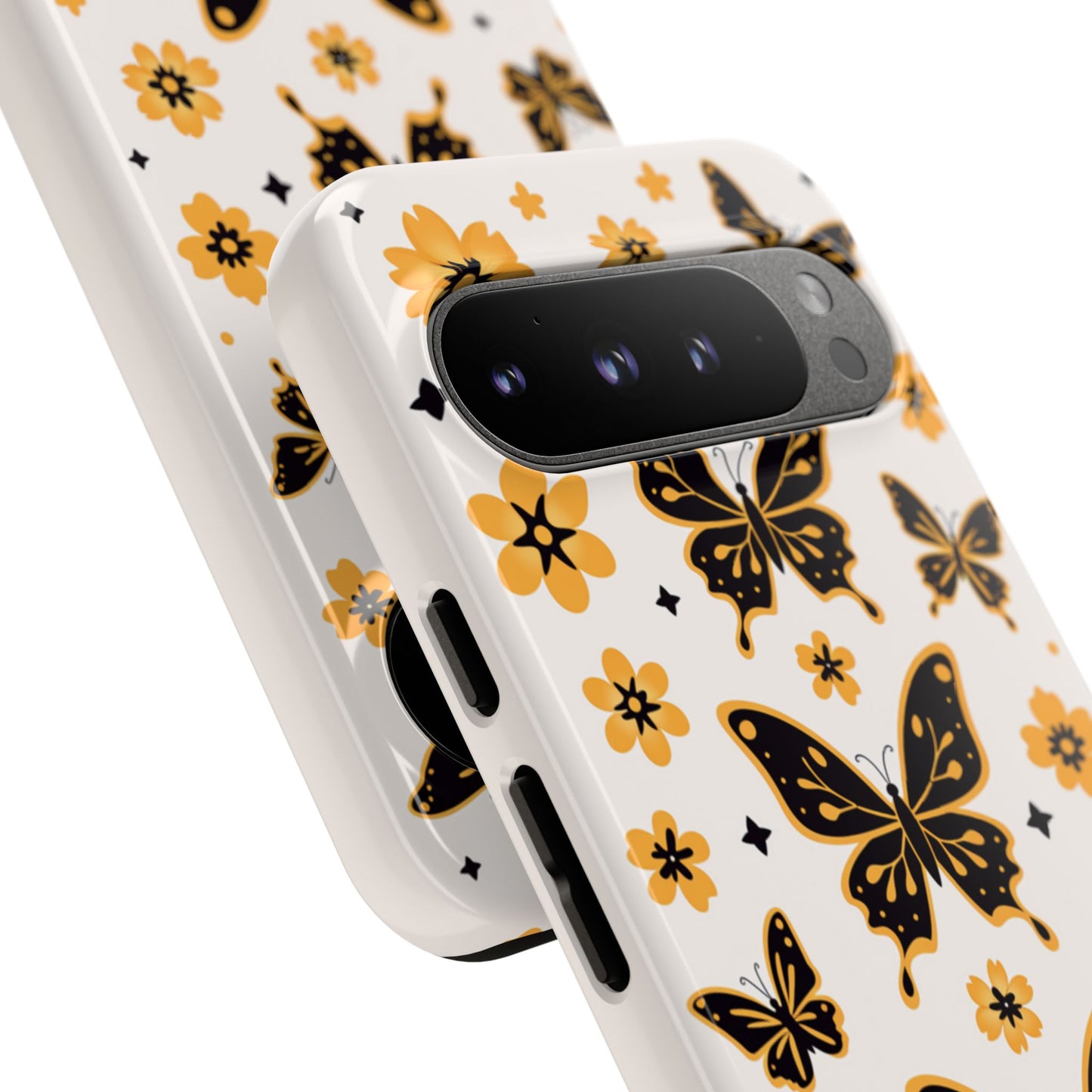 Yellow flower phone case with black butterflies - UV-resistant print on protective polycarbonate shell
