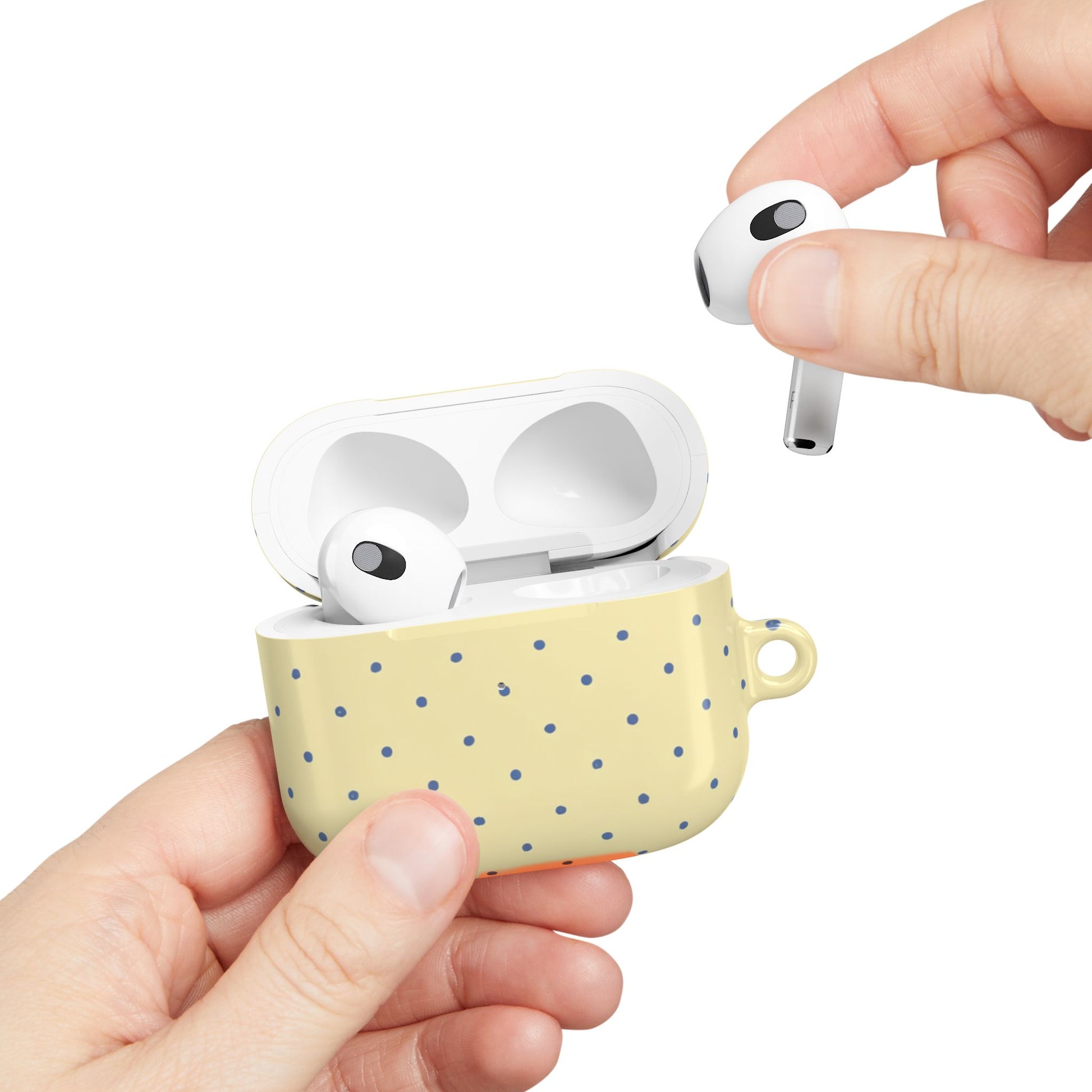 Yellow polka dot AirPods Gen 3 case – navy dots on butter yellow glossy hard shell cover
