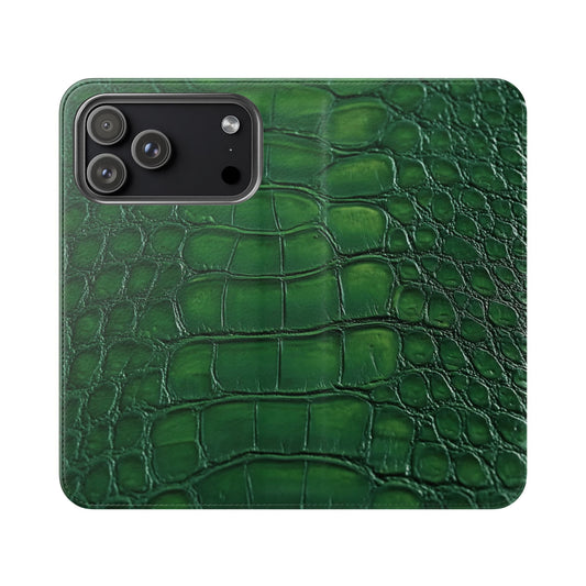 Green crocodile embossed flip phone case with luxury faux leather wallet cover and card slots for iPhone and Samsung Galaxy
