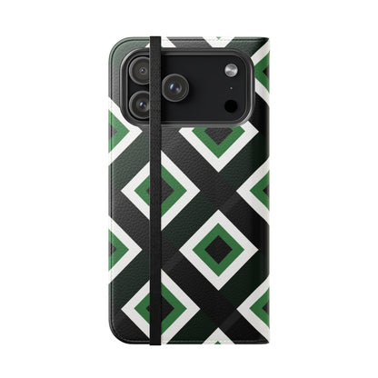 Green Diamond Geometric Flip Phone Case - Wallet Folio with Card Slots for iPhone, Samsung Galaxy & Google Pixel