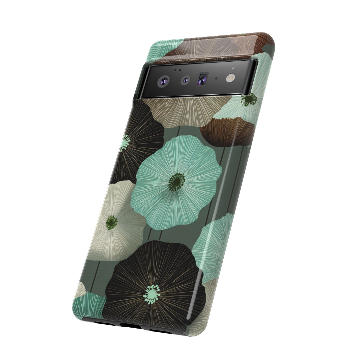 Floral Tough Phone Case - Teal & Brown Poppy Protective Cover for iPhone, Samsung Galaxy & Google Pixel