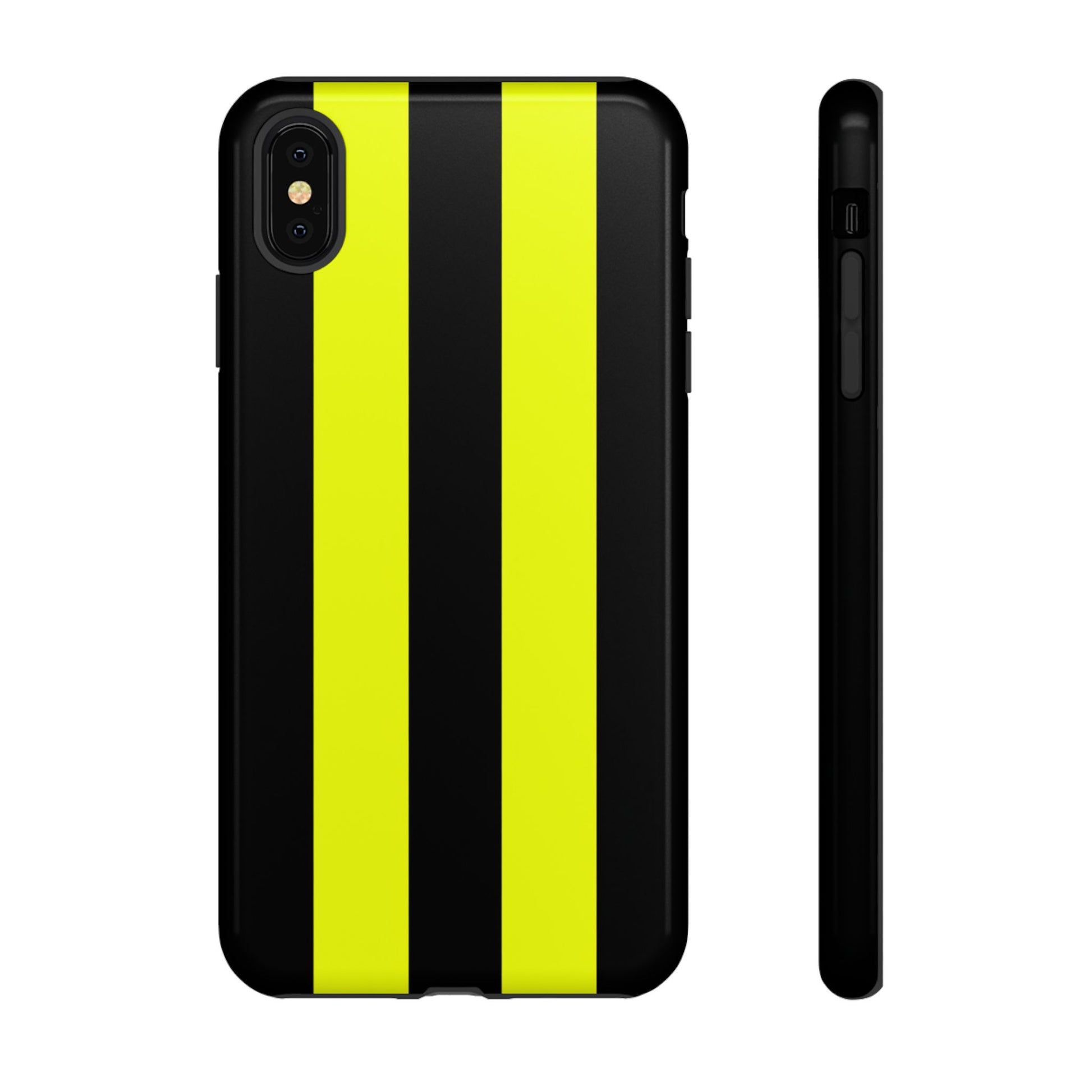 Race car inspired yellow black racing stripe phone case with clean minimalist design and precise cutouts
