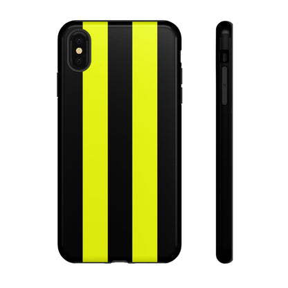 Race car inspired yellow black racing stripe phone case with clean minimalist design and precise cutouts
