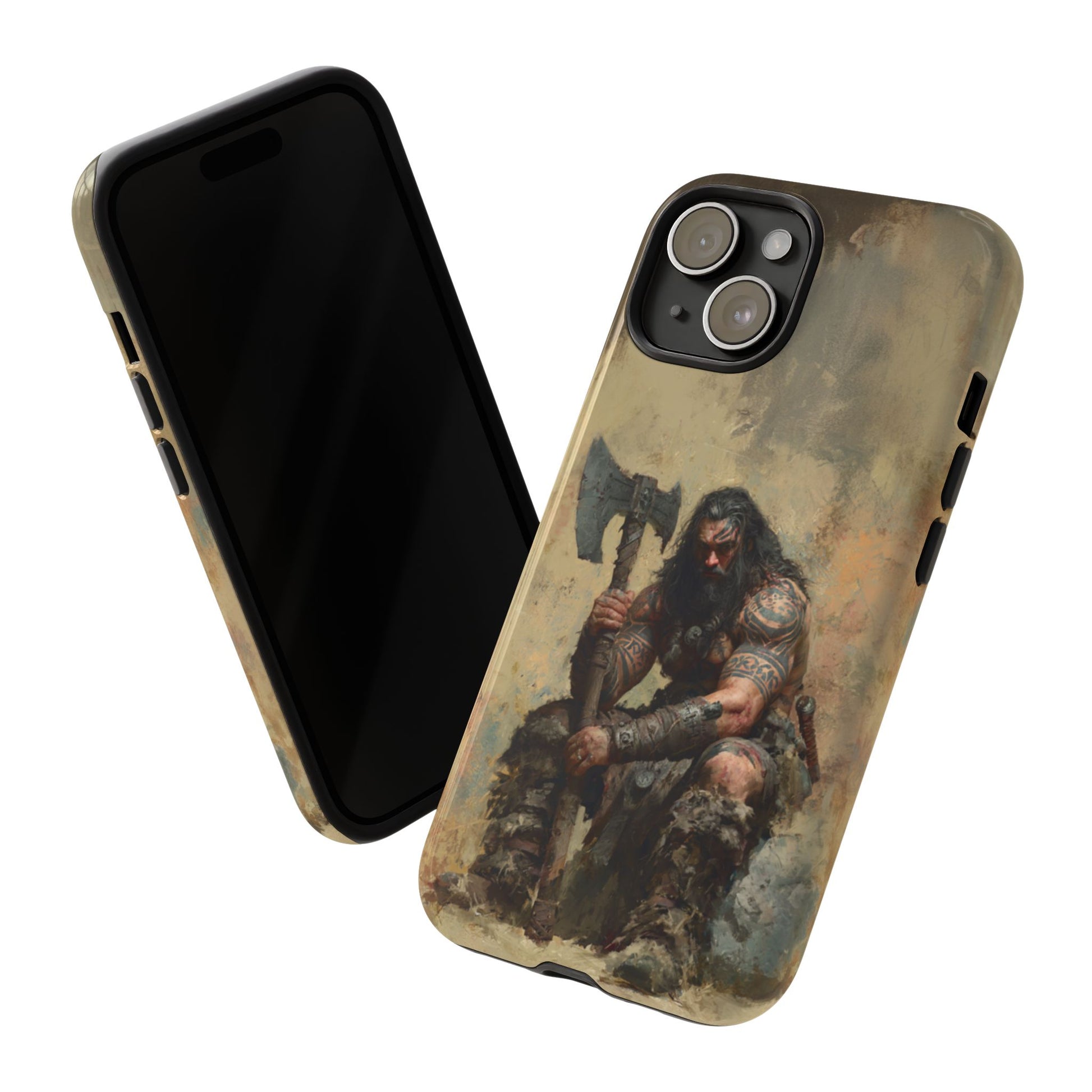 Medieval Viking warrior phone case with earthy tones
