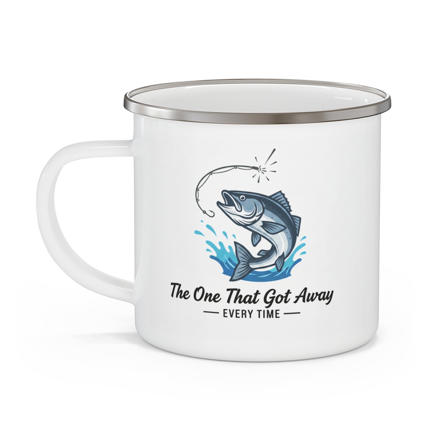 Emaille-Campingtasse „Der, der entwischte“ – Lustige Angel-Kaffeetasse