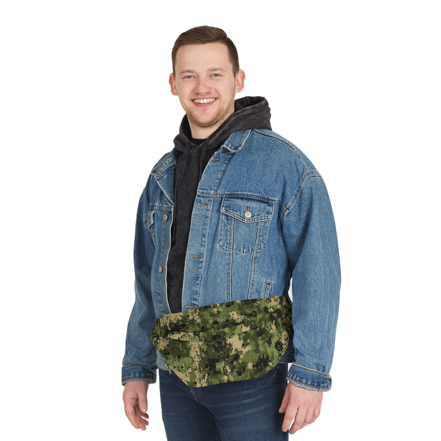Man hiking with green camo waist bag – adjustable strap fanny pack for outdoor adventures
