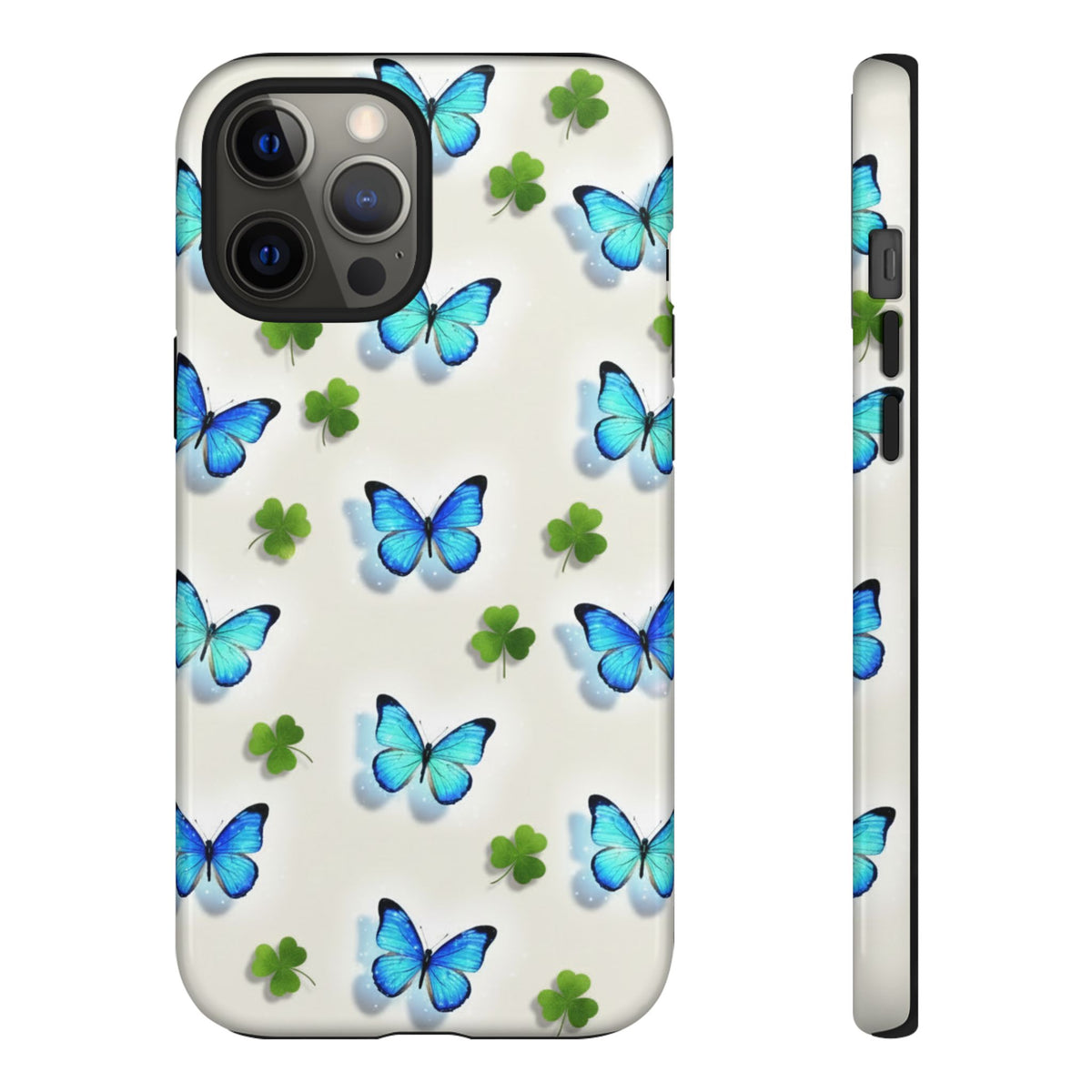 Schutzhülle für iPhone, Samsung Galaxy & Google Pixel mit Schmetterlings- & Glücksklee-Motiv — Robuste Schutzhülle mit blauem Schmetterlingsmuster