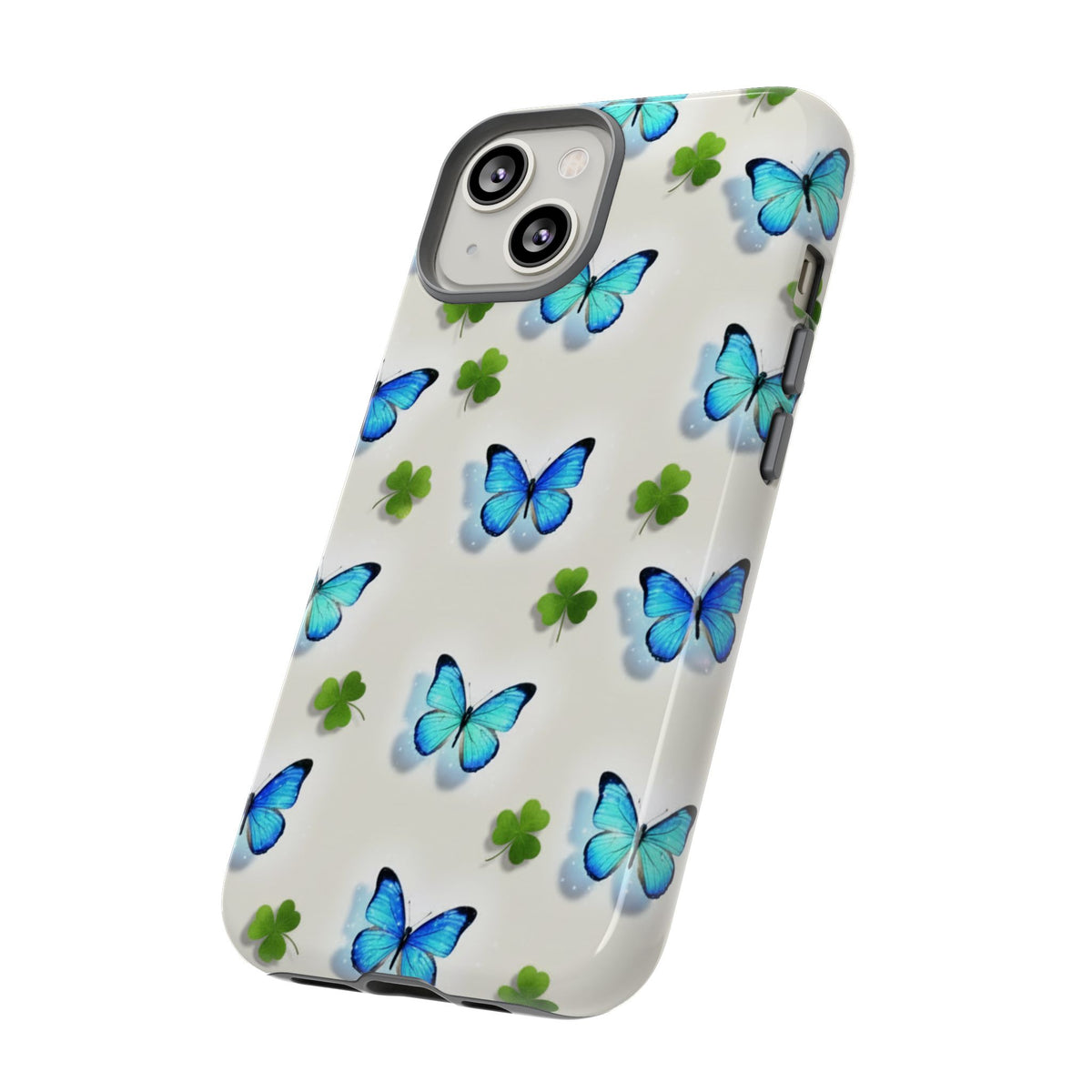 Schutzhülle für iPhone, Samsung Galaxy & Google Pixel mit Schmetterlings- & Glücksklee-Motiv — Robuste Schutzhülle mit blauem Schmetterlingsmuster