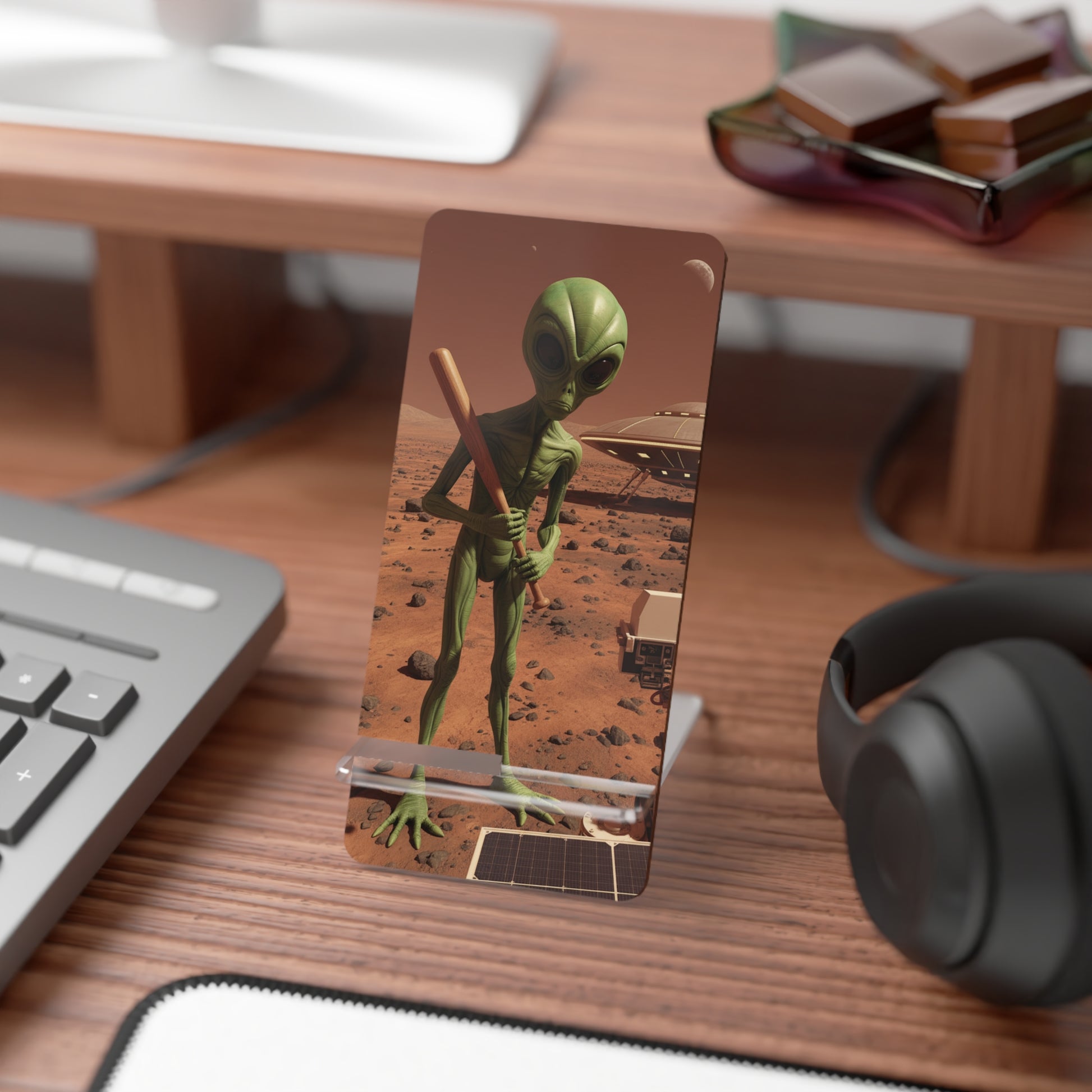 Mars Alien Phone Stand - Green Alien with Big Head Black Eyes Baseball Bat Mars Rover UFO Flying Saucer
