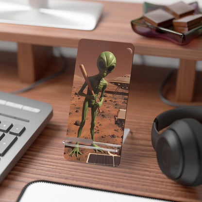 Mars Alien Phone Stand - Green Alien with Big Head Black Eyes Baseball Bat Mars Rover UFO Flying Saucer
