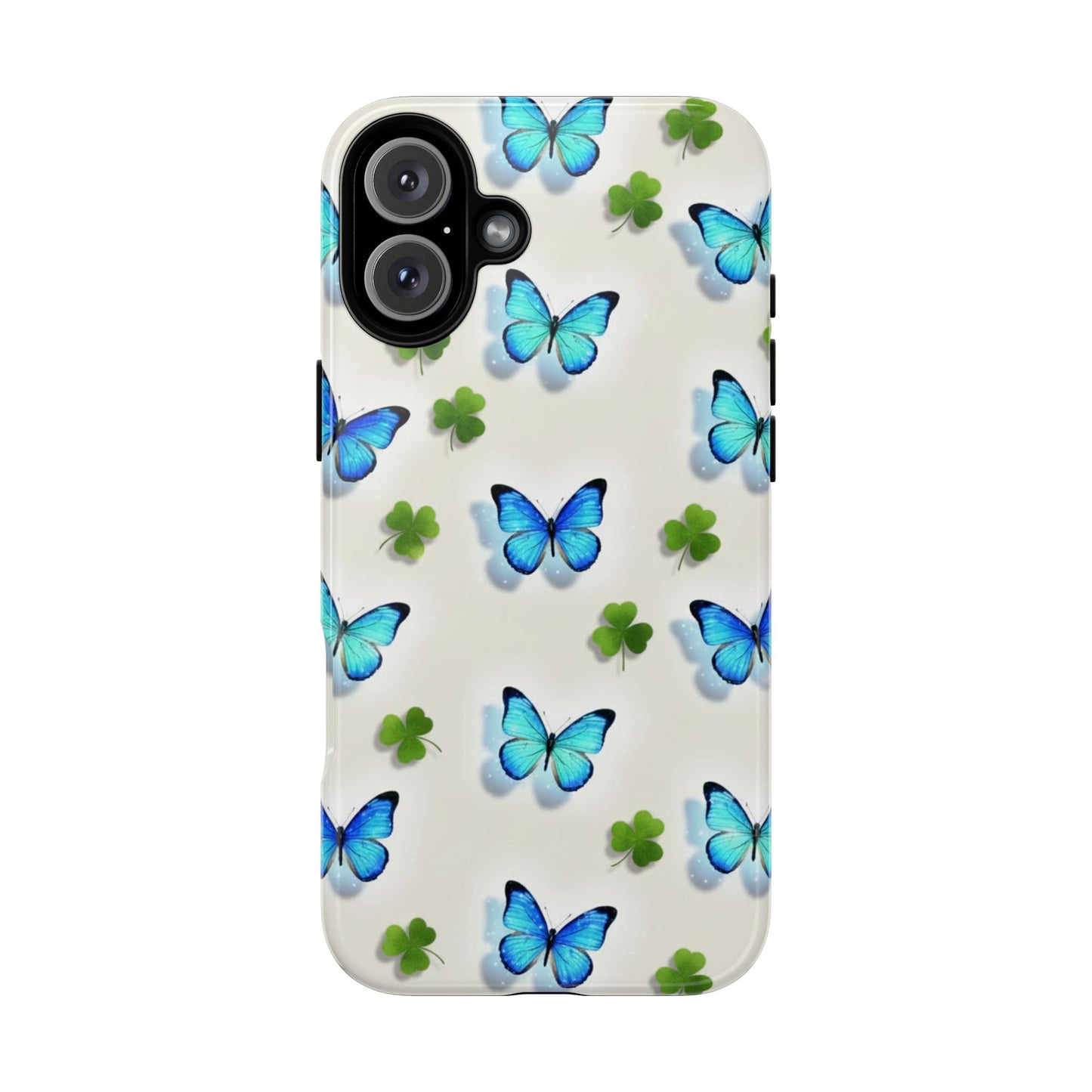Funda protectora resistente con diseño de mariposas y trébol de la suerte para iPhone, Samsung Galaxy y Google Pixel: diseño de mariposas azules