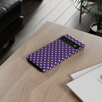 Retro purple polka dot phone case with UV-protected print - durable violet cover for iPhone 17 Air, Samsung S26 Plus & Pixel 9
