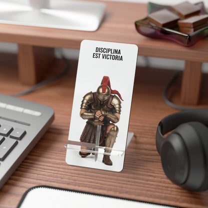 Roman Soldier Phone Stand - Kneeling Warrior Holding Sword on White Background
