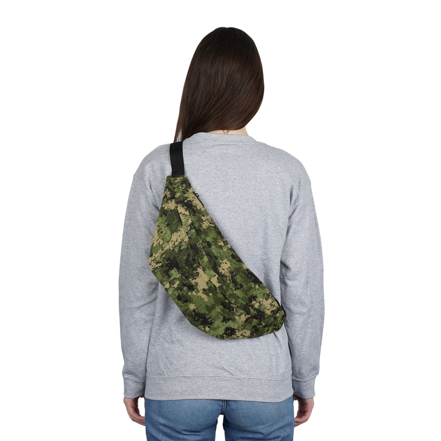 Woman wearing camo fanny pack at festival – military green hip bag with 5 pockets
