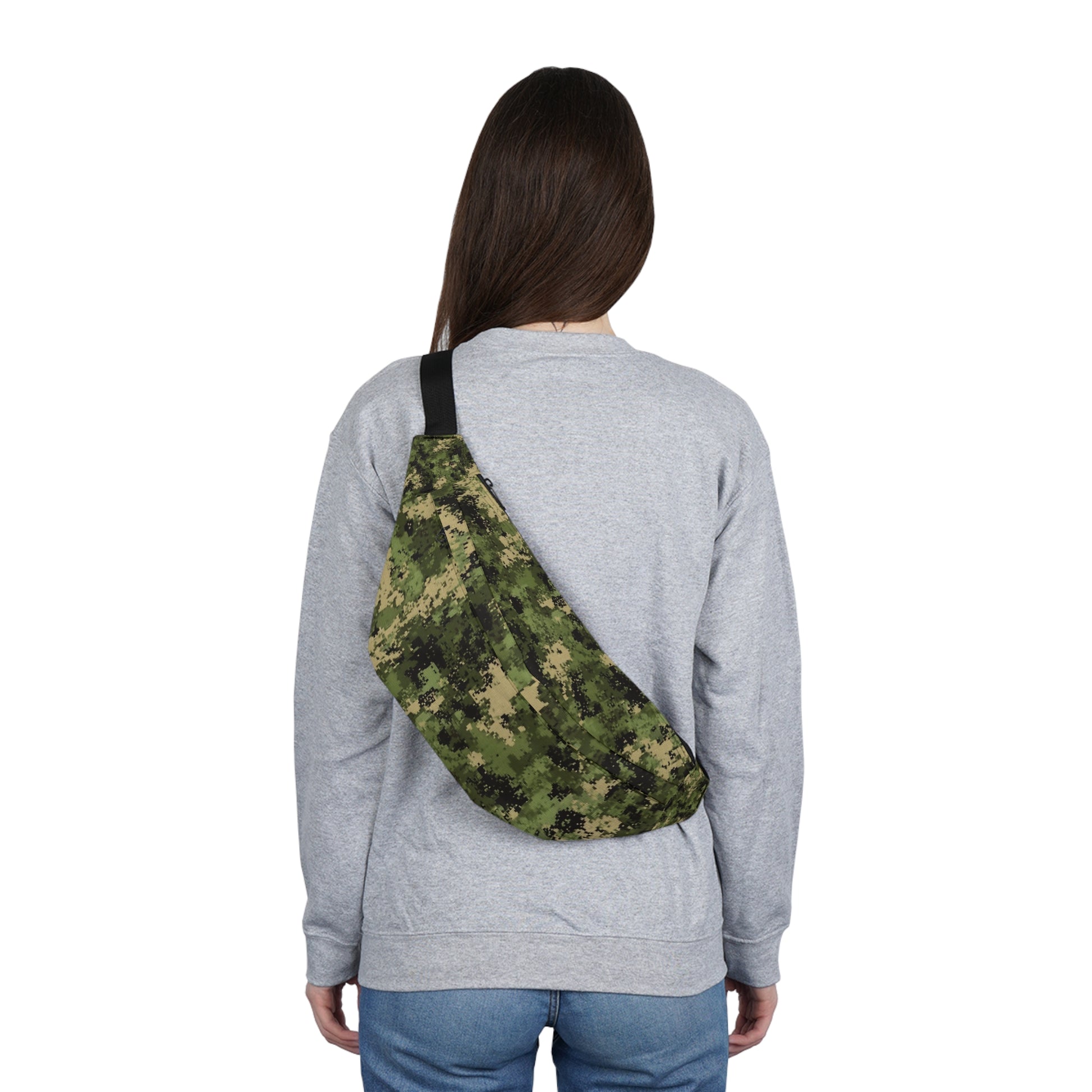Woman wearing camo fanny pack at festival – military green hip bag with 5 pockets
