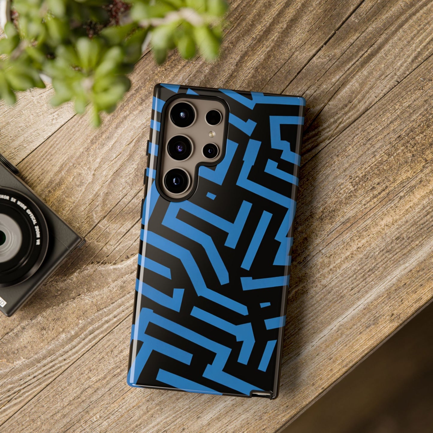 Durable phone protection with eye-catching blue maze artwork

