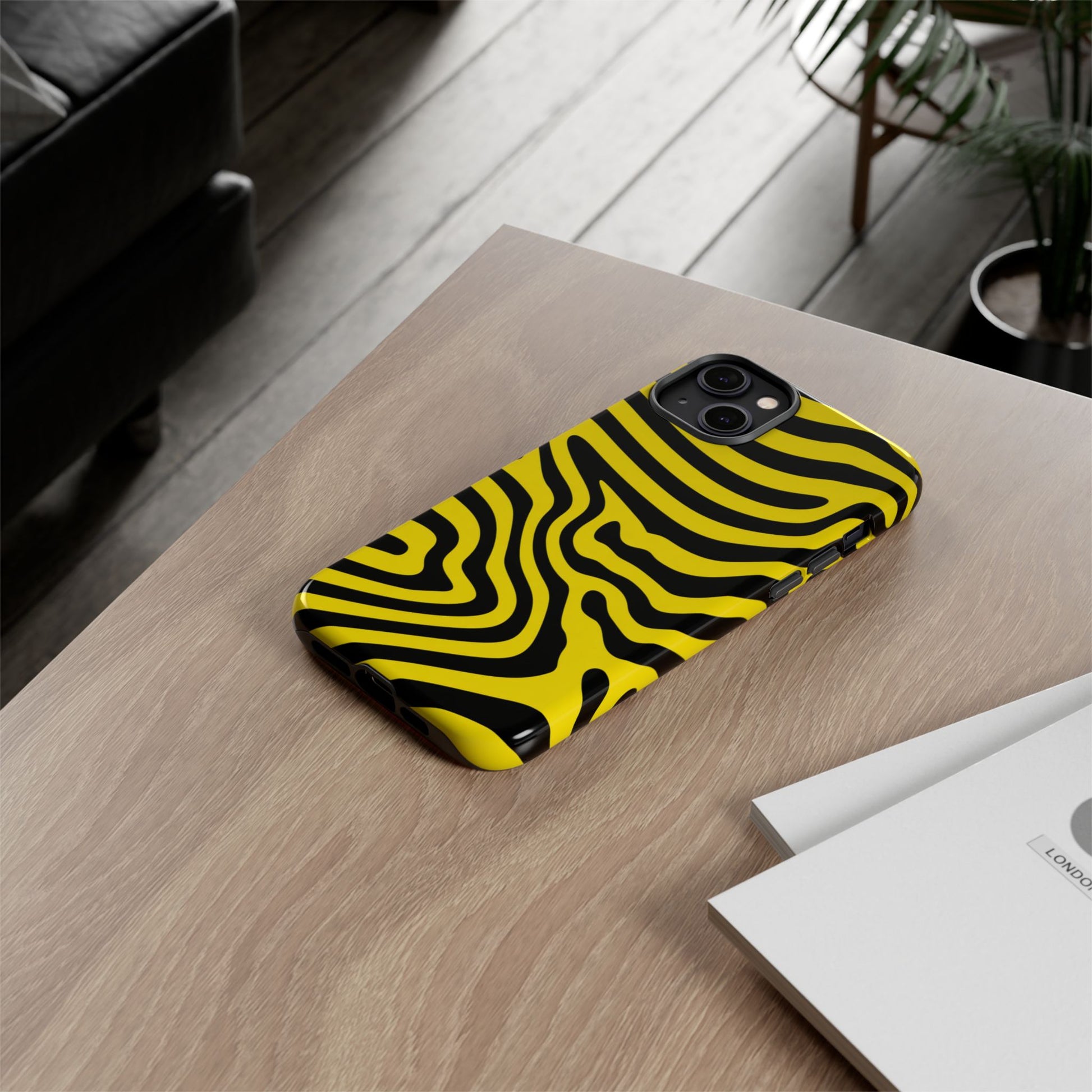 Op Art Psychedelic Wavy Lines Phone Case featuring Yellow and Black Groovy Pattern - Premium Protection for iPhone 15 Pro Max, Samsung Galaxy S25, and All Phone Models
