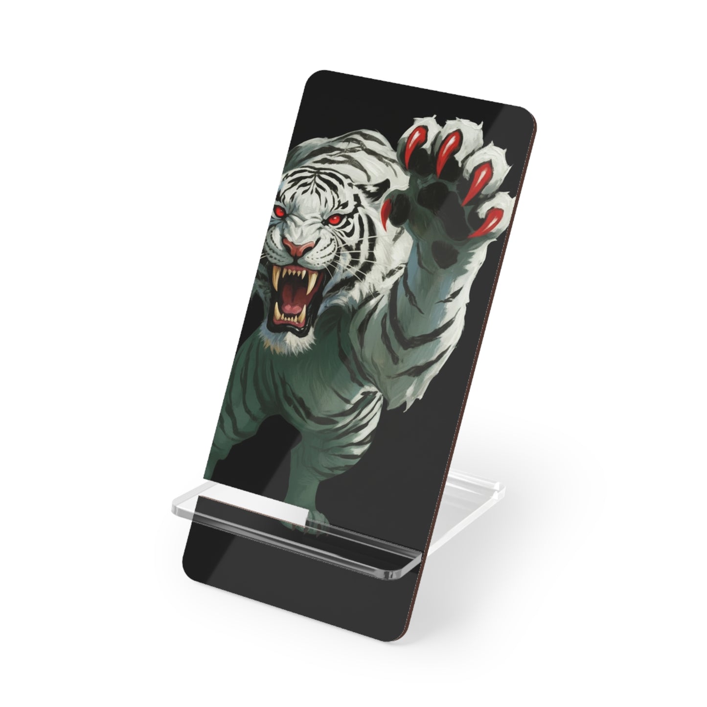 White Tiger Phone Stand - Black Stripes Red Eyes and Claws on Black Background
