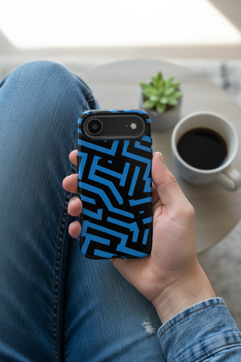 Overhead flat lay photo of hand holding iPhone with blue maze geometric pattern phone case

