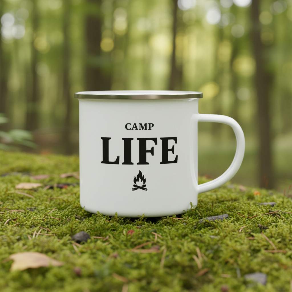 Emaille-Campingtasse „Camp Life“ – Retro-Lagerfeuer-Kaffeetasse für draußen
