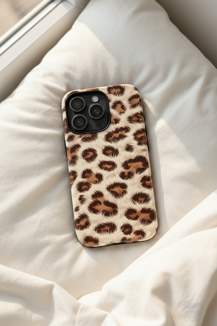 Leopard print phone case on pillow - lifestyle product photography with animal pattern design
