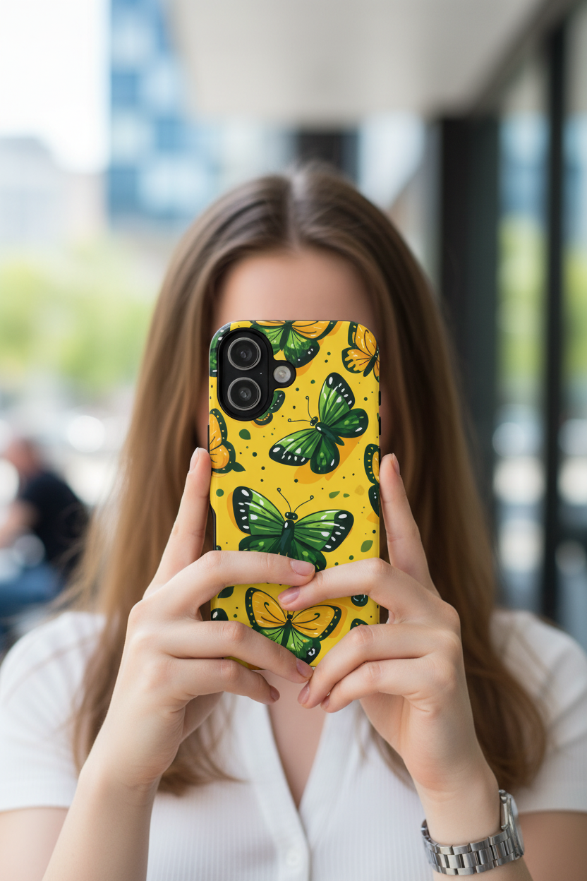 Green Butterflies Tough Phone Case - Yellow Cartoon Design Protective Cover for iPhone, Samsung Galaxy & Google Pixel
