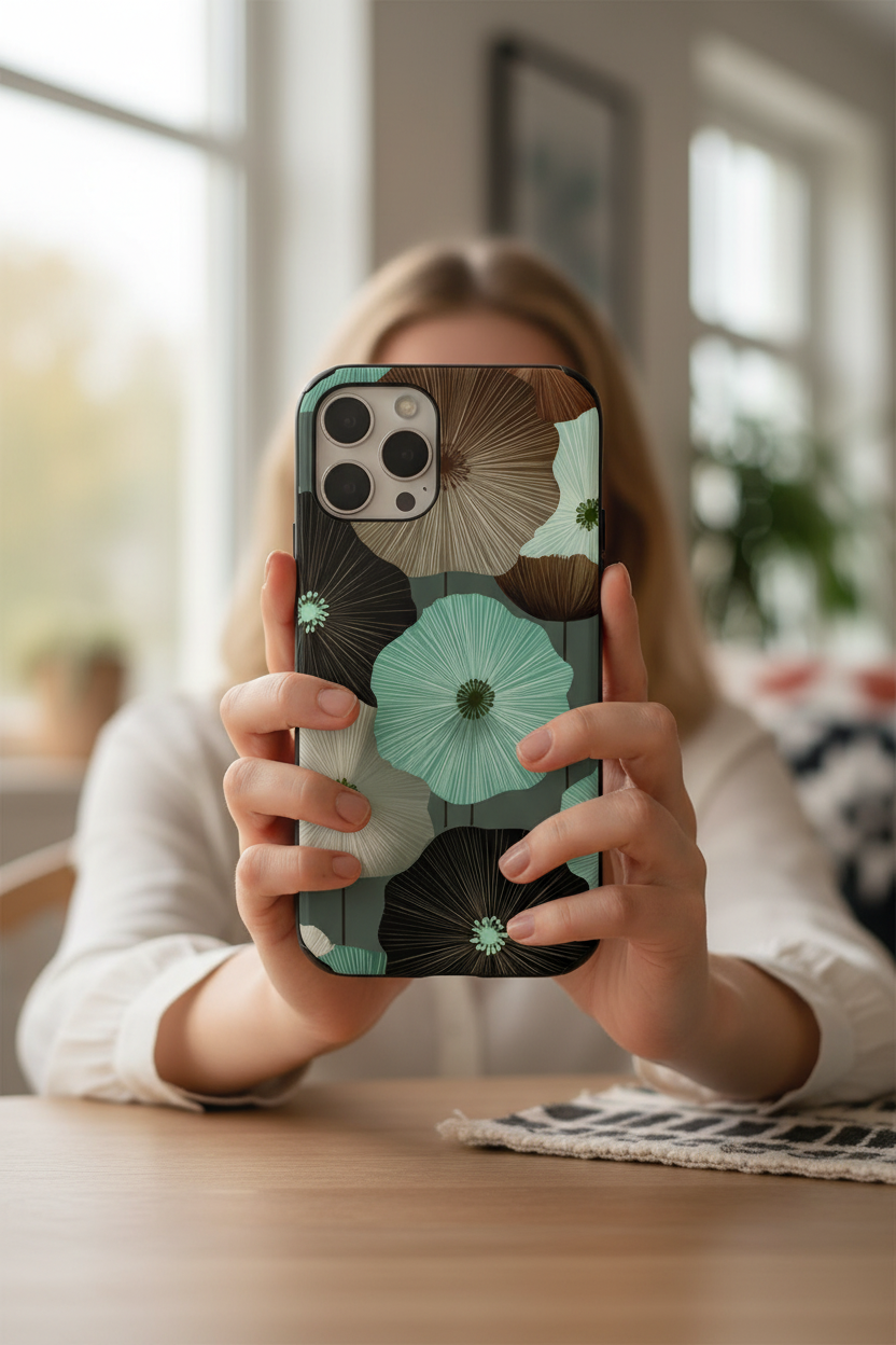 Floral Tough Phone Case - Teal & Brown Poppy Protective Cover for iPhone, Samsung Galaxy & Google Pixel
