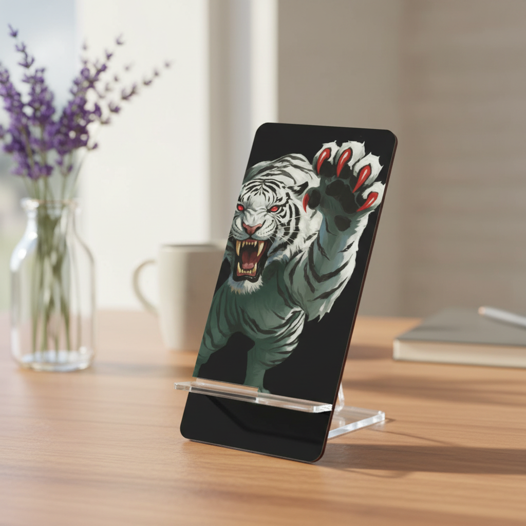 White Tiger Phone Stand - Black Stripes Red Eyes and Claws on Black Background
